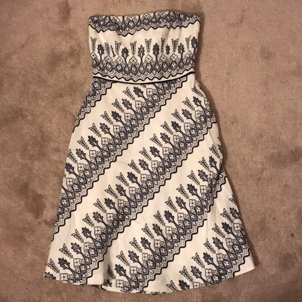 Loft navy and white patterns strapless midi dress